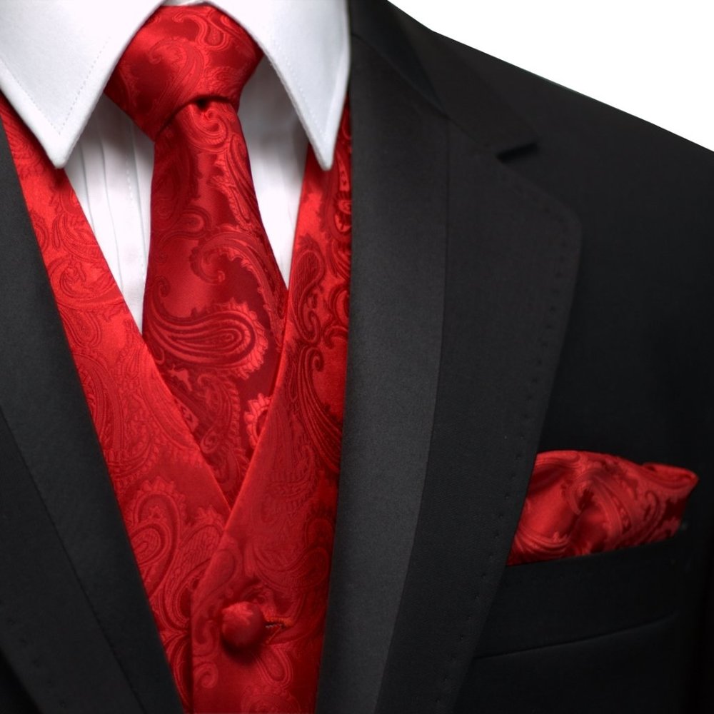 Men's Formal Wedding Prom Homecoming Tuxedo Vest Tie Hankie Set- Red Paisley